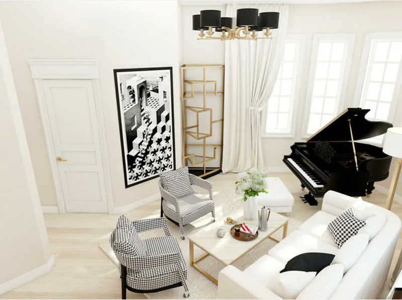Sala com decoração em preto e branco com detalhes metálicos Sala com decoração em preto e branco com detalhes metálicos