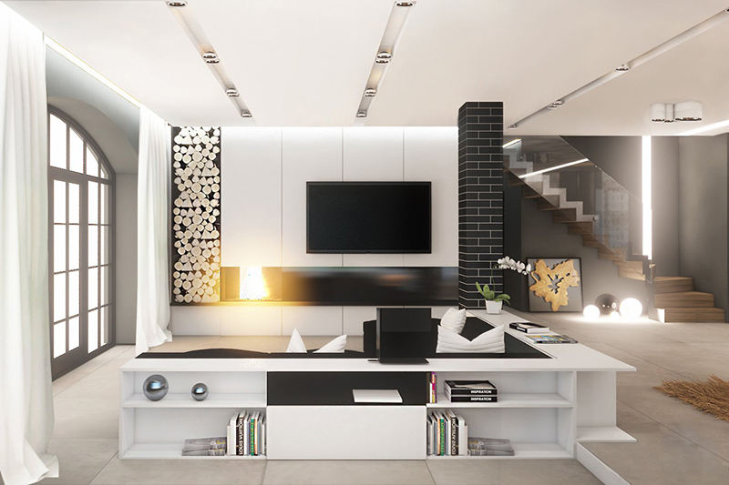 Decoração em preto e branco na sala com detalhes arquitetônicos Decoração em preto e branco na sala com detalhes arquitetônicos